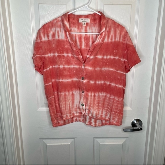 Cloth & Stone X Anthropologie Coral Tie Dye Button Down Short Sleeve Top S - Picture 2 of 10